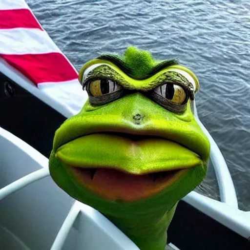 Prompt: pepe the frog, swallowing donald trump, on a boat, photorealistic, professional, photo of the day, photography, professional