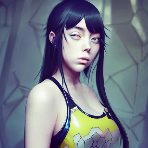 Prompt: a beautiful young japanese billie eilish hitomi tanaka alluring instagram model in elaborate latex tank top, jrpg tank top made from latex demon faces, by guweiz and wlop and ilya kuvshinov and artgerm and, aesthetic, gorgeous, stunning, alluring, attractive, artstation, deviantart, pinterest, digital art