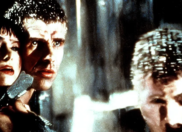 Prompt: scene with Deckard and Rachel from the 1982 science fiction film Blade Runner