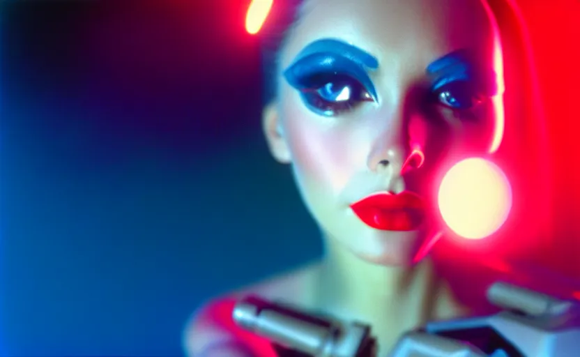 Prompt: medium shot, photograph of alluring futuristic female cyborg looking into camera, eye closed, red lipstick, sharp focus, 35 mm kodak ektachrome, chromatic abberations, f/1.2 H 1216