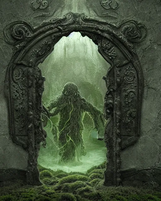 Prompt: highly detailed photograph of a lovecraftian ghost realm doorway with cthulhu beckoning in the center surrounded by mists, in the center of an old mossy cobblestone wall, photorealistic vivid 8 k resolution