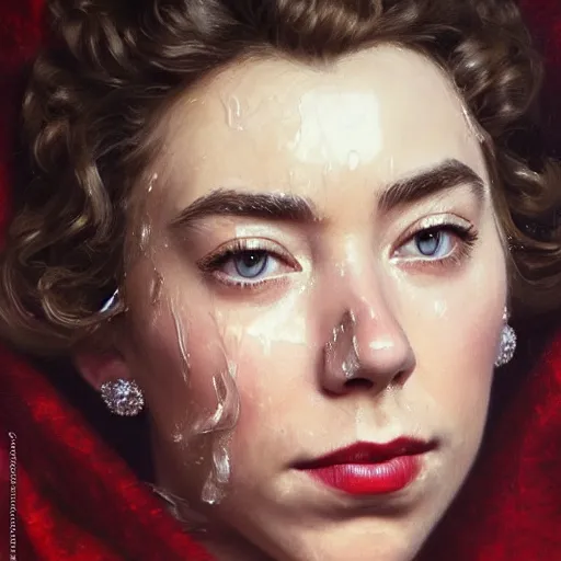 Image similar to vanessa kirby as dark - haired princess margaret, a beautiful closeup oil painting, she has tears running down her face, wet lips, perfect eyes, insanely detailed, elegant, by wlop, rutkowski, livia prima, mucha,