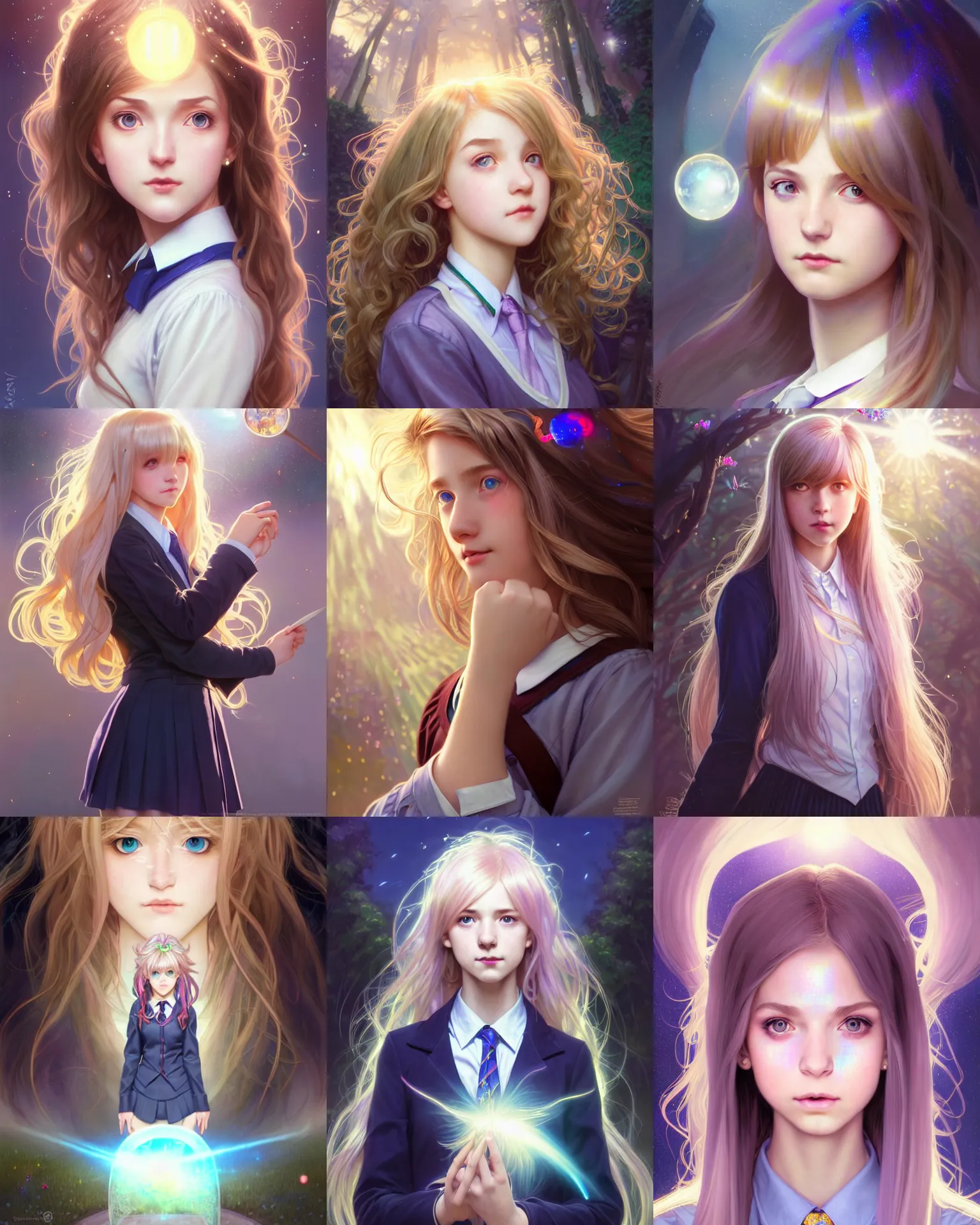 Prompt: school portrait of an innocent lost college girl, magic school uniform, light iridescent hair color, large messy hair style, fantasy building, intricate, sharp focus, lens flare, bloom, rim light, illustration, highly detailed, digital painting, concept art, matte, art by wlop and artgerm and greg rutkowski and alphonse mucha, masterpiece