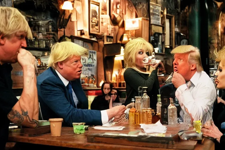 Image similar to Angelina Jolie, boris johnson, The Alien from the movie 'Alien', dolly parton, donald trump are best friends, drinking shots of tequila and snorting cocaine, central perk coffee shop, still photo, hyperrealistic, 35mm, 8k, by weta digital