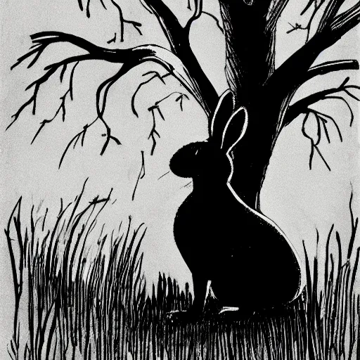 Image similar to milt kahl pen and ink sketch of a rabbit silhouette standing by a tree in the forest facing away