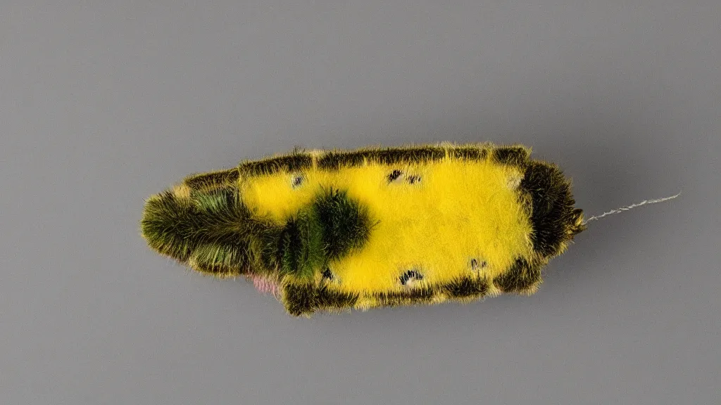 Prompt: 35mm photo of a pinned fuzzy moth on a white background. The wings have a geometric neon pattern in fluorescent yellows, pinks, and greens. Studio lighting, macro, high detail, scientific