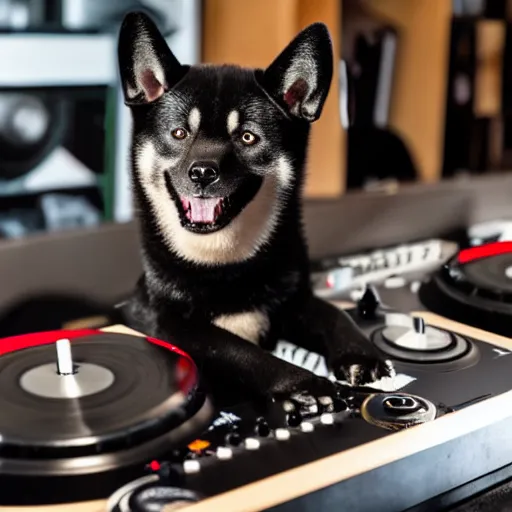 Prompt: Black Shiba Inu wearing a baseball cap DJing