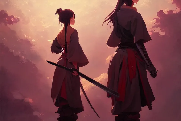 Image similar to baroque oil painting of anime key visual concept art of a samurai girl, vedy anime, trending on artstation, oil on canvas, style of makoto shinkai greg rutkowski studio ghibli