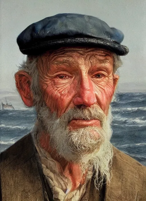 Image similar to realistic renderings of very old fisher man portrait with a hat, port scene background, astonishing scenes, detailed, photorealism