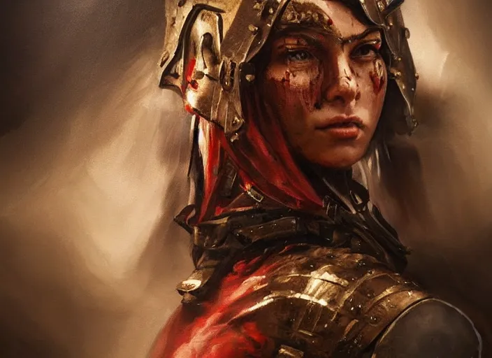 Image similar to landscape, portrait painting beautiful realism, an caucasian girl, wearing war clothes, in wood armor who was sprawled out was about to rise, his face covered in blood. cinematic scene, good lighting, fine art, trending on artstation, smooth draw, sharp focus.