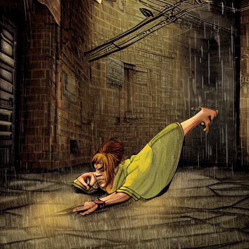 Image similar to A female paladin lying on the ground in a dark alley. Digital Art, Dramatic, Rain