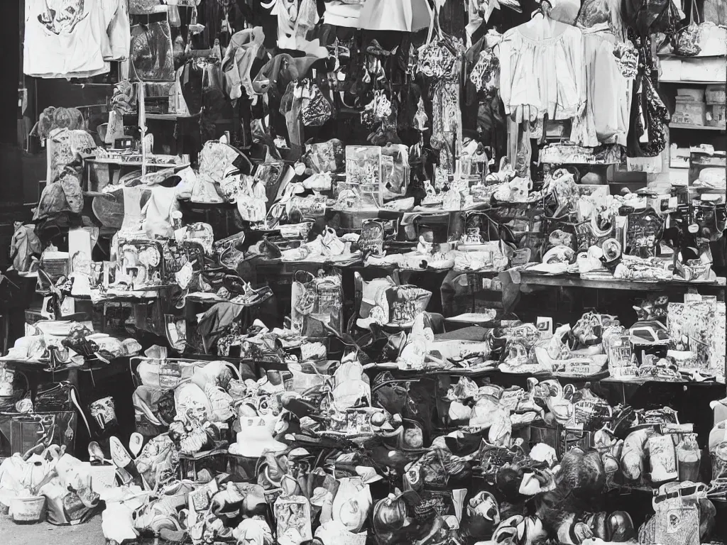 Image similar to a photograph of a market stall, every item is an exploding head. effortless beauty in the style of man ray