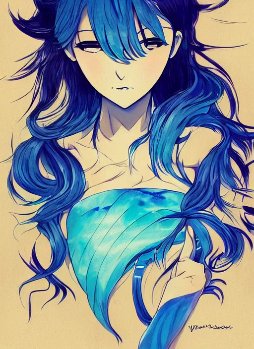 Image similar to a woman with blue hair sitting underwater, a beautiful anime drawing by yuumei, featured on pixiv, rayonism, pixiv, seapunk, very anime anime!! detailed