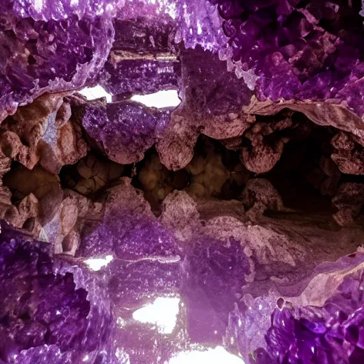 Prompt: photo inside an amethyst cave