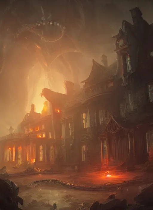 Prompt: giant tentacles destroying a glowing mansion in burning vapor dramatic lighting, artstation, matte painting, artem chebokha