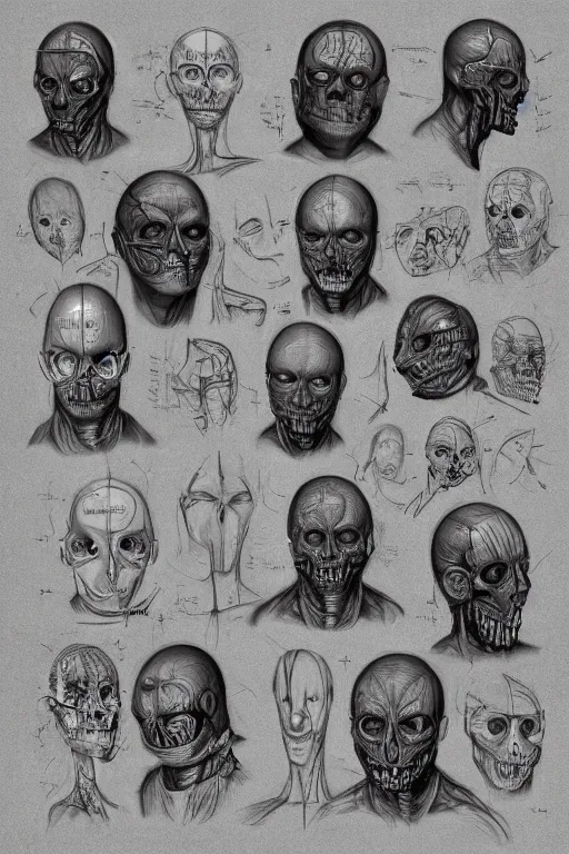 Image similar to latin facial anatomy with gunmetal grey skin, medical anatomy, very symmetrical face, highly detailed, three - perspective / three - view reference sheet ( front / back / side ), in the style of dan ouellette, steven jung, amanda lilleston, hr giger, sil from species, dren from splice, mecha, artstation, unreal engine