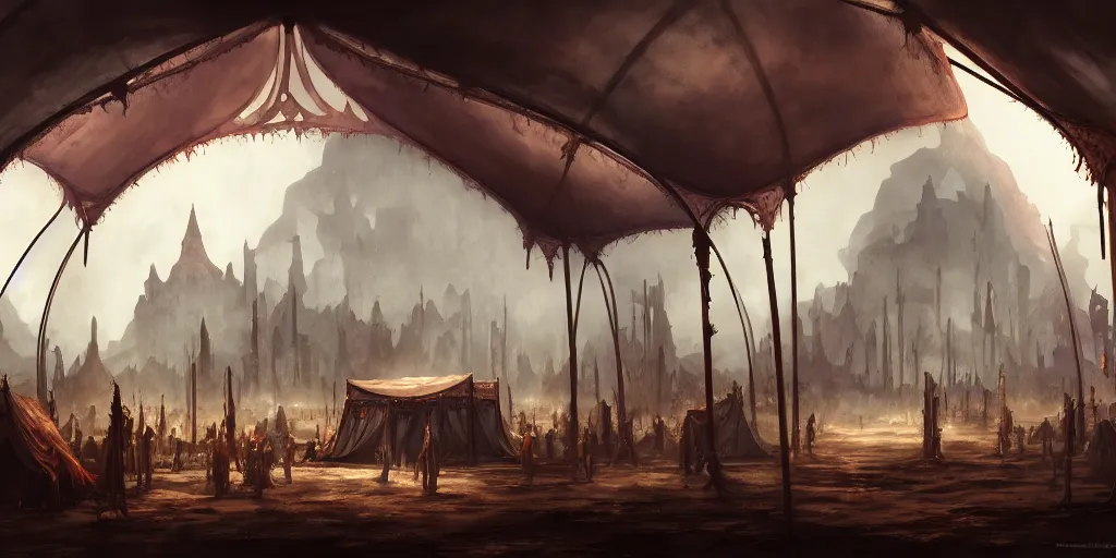 Prompt: inside of a merchant tent, matte oil painting, rusted cathedrals in the background, retrofuturistic, concept art, science fantasy, mutant, lgbt, queer, rpg, epic, rust, white salt, badlands, slime, jungles, dungeons & dragons, sacred, sharp focus, award - winning, extremely detailed, 4 k, 8 k