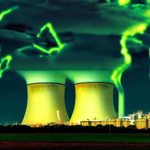 Image similar to nuclear power plant glowing green during a stormy night, award winning photography