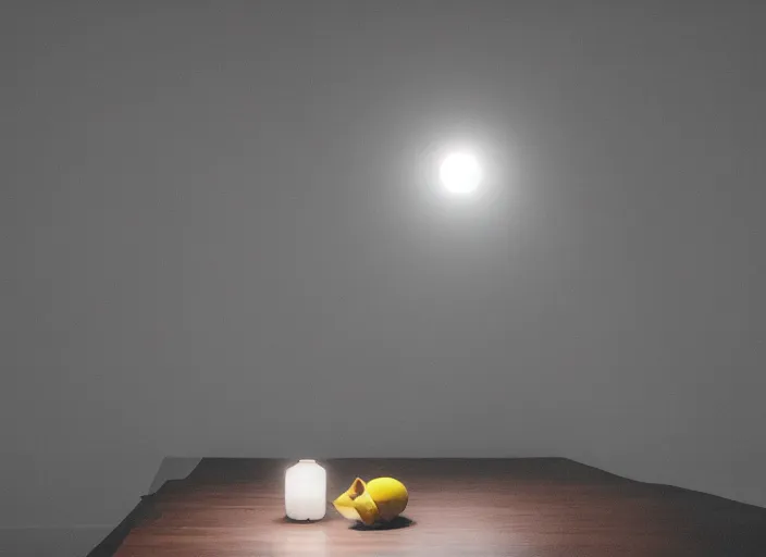 Image similar to dark liminal room, lemon sits idly on a centered table, eerie atmosphere, dark dramatic lighting, trending on unsplash, 4 k photorealism