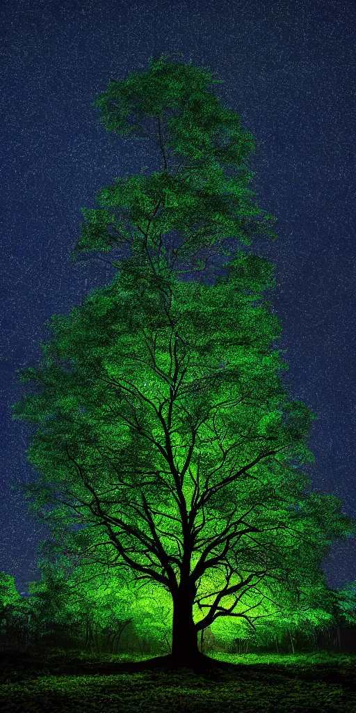 Image similar to an hd dslr photo art of a big tree glowing in dark jungle at night, enormously detailed