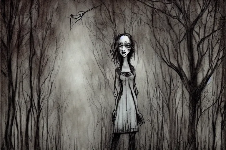 Image similar to mad girl wandering the woods artwork by ben templesmith