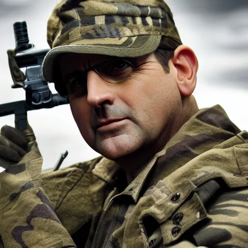 Prompt: steve carrel wearing military outfit and camouflage cinematic photoshoot high quality highly affordable photo realistic 8 k hd