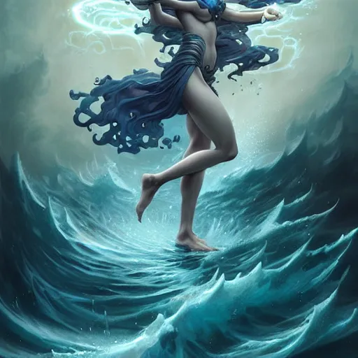 Image similar to powerful goddess of water clothed in swirling water striding through a stormy sea, highly detailed matte fantasy painting, stormy lighting, by Ross Tran and Artgerm and Peter Mohrbacher