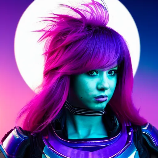 Prompt: a stunning high shutter speed action upper body portrait of a beautiful woman with a ombre purple pink hairstyle with hair flying wearing futuristic navy blue and teal battle bodyarmor and pauldrons by marvel comics, outrun, vaporware, action photography, highly detailed, fine detail, intricate, digital art, trending on artstation