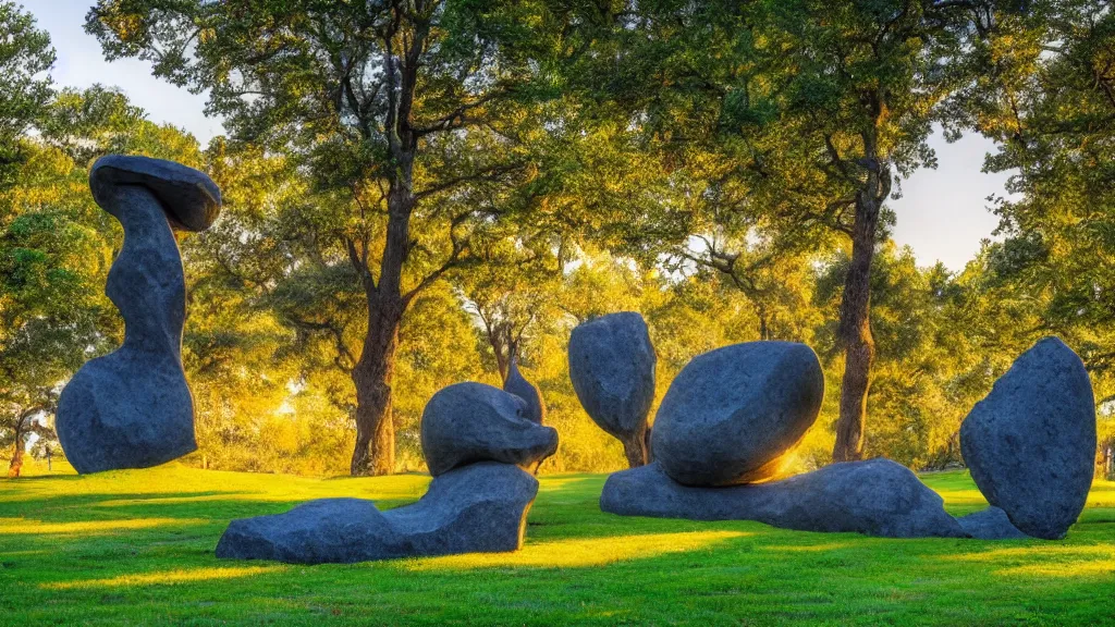 Prompt: a colossal abstract granite sculpture garden by michelangelo an henry moore, on a green lawn, distant mountains, golden hour, 8 k, dslr camera, the merely beautiful bore me to death