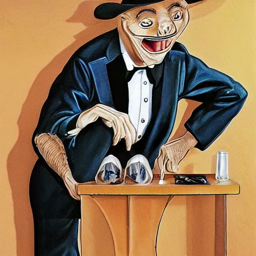 Image similar to beautiful lifelike painting of gene kelly demanding a refund on undercooked overpriced dinosaur steak in downtown dive bar bistro, hyperreal detailed facial features and uv lighting, art by ed roth, ryu noguchi and basil wolverton