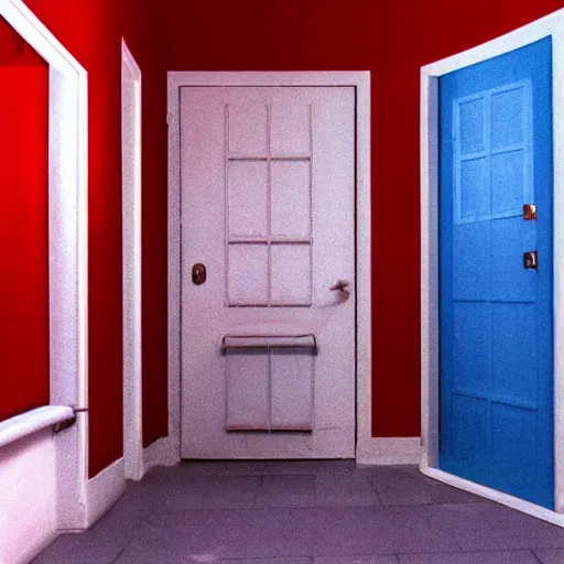 Prompt: two doors, one leads to a bathroom soaked in blue light, the other leads to a scary red hallway, vhs footage