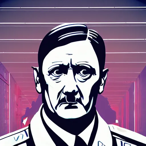 Prompt: cyberpunk adolf hitler as the leader of a futuristic communist nation, cybernetics, sharp lines, digital, artstation, colored in