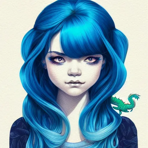 Image similar to head and shoulders portrait of a girl with blue hair and her cute dragon, illustration, medium shot, intricate, elegant, highly detailed, digital art, ffffound, art by Fernanda Suarez and sachin teng