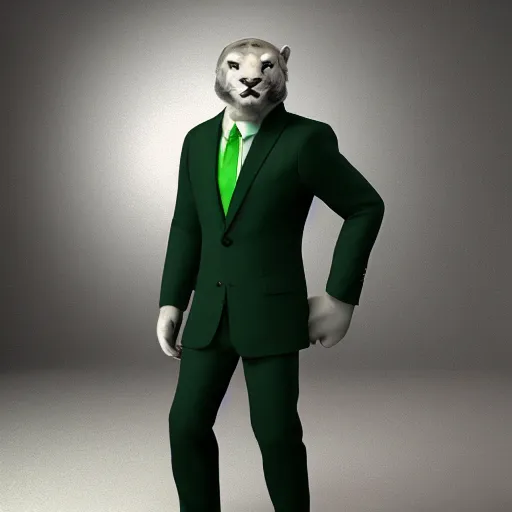 Image similar to white mountain lion hybrid ape, black suit, tie, green eyes, smile, portrait, full HD 8k, ultra realistic cinematic octane render