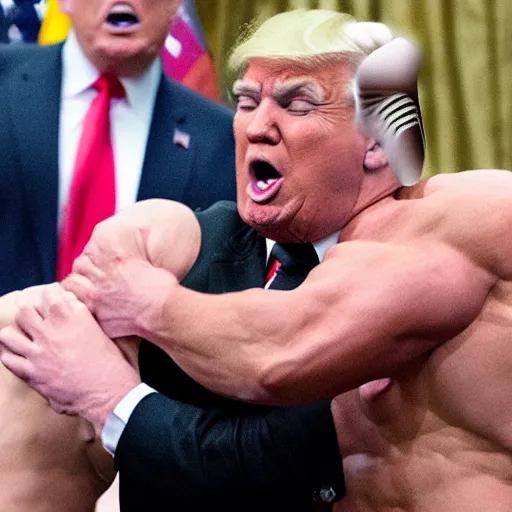 Prompt: an extremely buff Donald Trump wrestling a weak Anthony Fauci