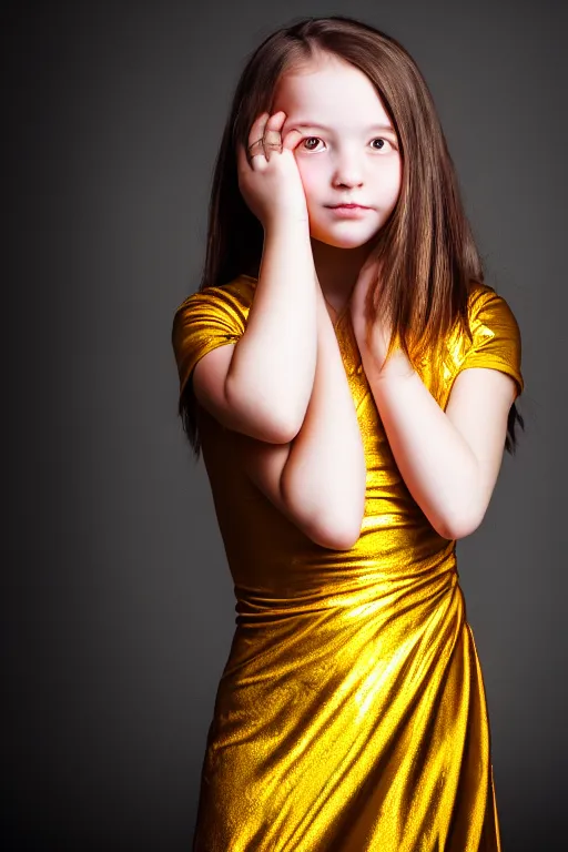 Prompt: lifestyle portrait of a girl in a golden dress with over a black background, photography, smooth, sharp focus, turning head