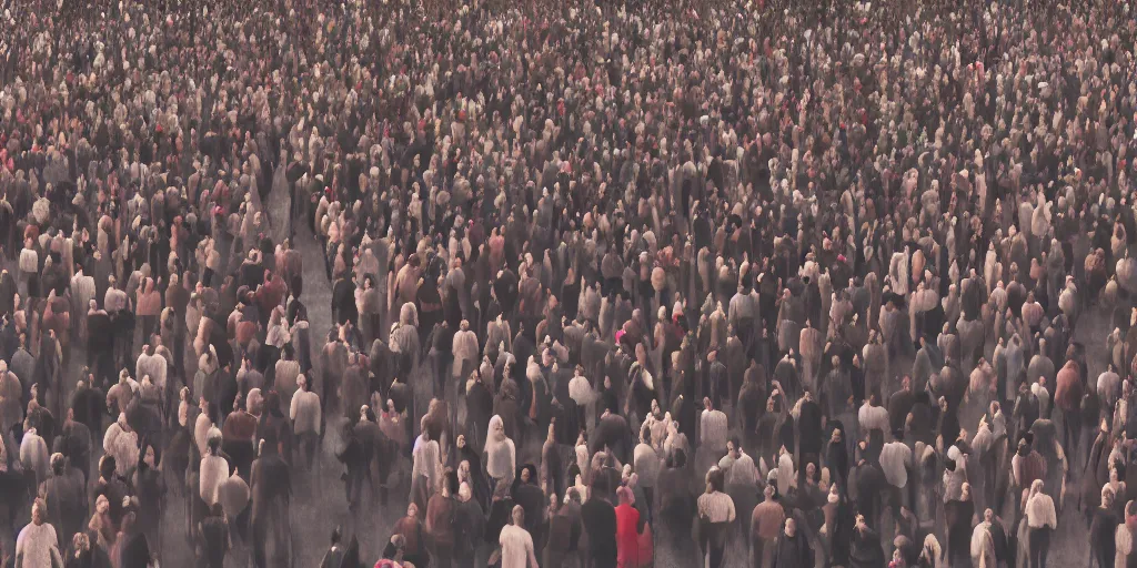 Image similar to realistic cinematic views of a crowd of anonymous with blurred face, hyper detailed, hyper realistic, digital painting, 8k, 35mm film grain, octane render