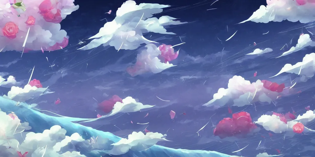 Image similar to background art of flying longswords flowing and floating through the slicing through directional wind on a simple cloudy sky background featuring an enormous tsunami, big puffy clouds, large individual rose petals, lotus petals, angular background elements, large polygonal fragments, anime, studio ghibli, artgerm, manga, trending on artstation, art nouveau, mature color scheme