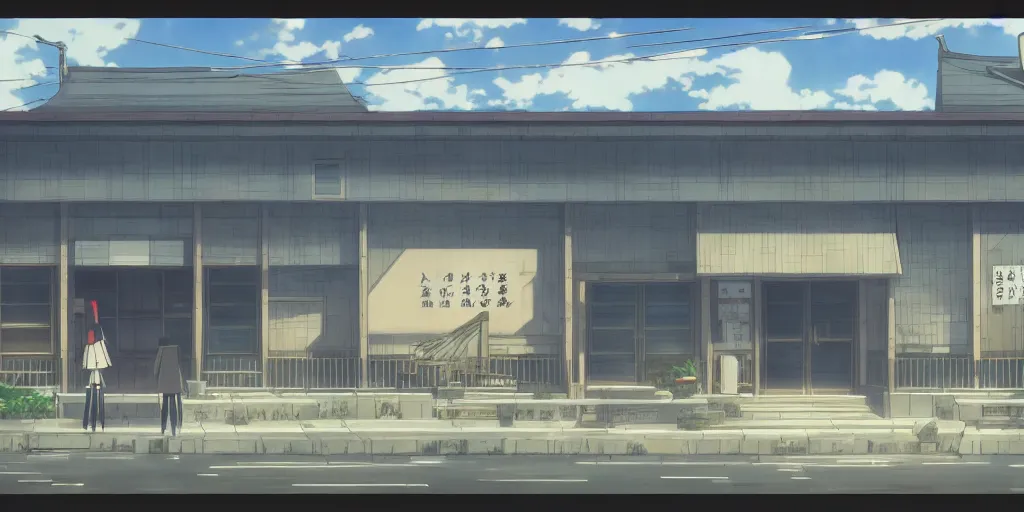 Prompt: close up front view of a japanese building facade with signs on it, a screenshot from the anime film by Makoto Shinkai, official art, trending on pixiv