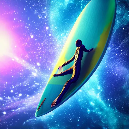 Image similar to photo of a alien surfing a surfboard on a crashing l wave of alien ocean in space, background is an alien galaxy, aliens in the background, alien colors, octane render, unreal engine, wide view, 8 k, high detaild