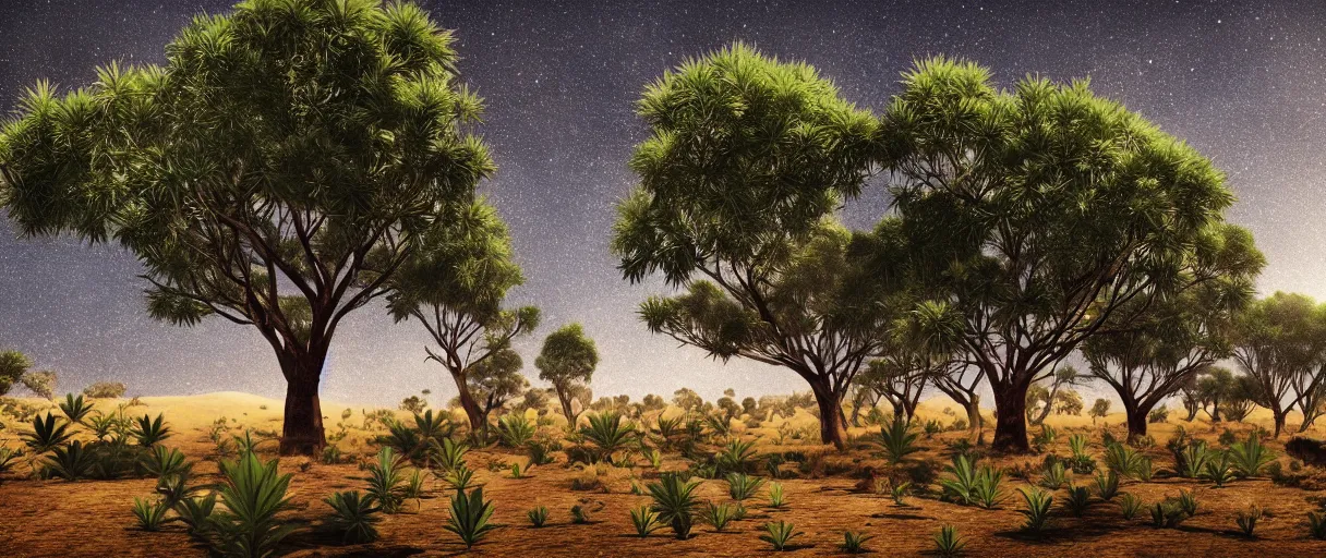 Image similar to realistic giant cannabis trees with cannabis leaves, converting the Australian desert to an oasis with streams, landscape, photo, concept art, universe in the sky, cinematic lighting, 4k, wide angle, warm tones, Australian Earth,