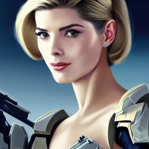 Image similar to A combination of Grace Kelly's and Ada Wong's and Ashley Greene's appearances with blonde hair wearing Forerunner armor from Halo, high tech, action shot, angular, full body portrait, futuristic, dramatic, fantasy, intricate, elegant, highly detailed, artstation, matte, sharp focus, 8K, art by Artgerm and Greg Rutkowski and Alphonse Mucha