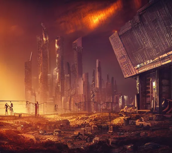 Image similar to a detailed anthill seen from the inside as a big city, cyberpunk, fallout 5, studio lighting, deep colors, apocalyptic setting, city at night, sky view