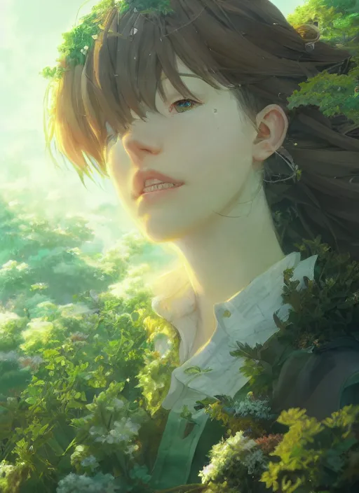 Prompt: a portrait of the emerald herald in the garden, intricate, tone mapped, highly detailed, digital painting, artstation, concept art, sharp focus, by makoto shinkai and akihiko yoshida and hidari and wlop