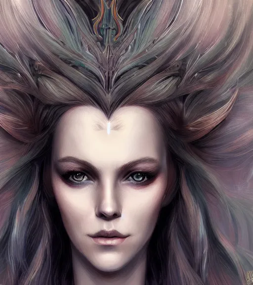 Image similar to A detailed digital art head on symmetrical fanart portrait of a distinguished elven woman with two-tone hair by Charlie bowater and lise deharme wlop, critical role