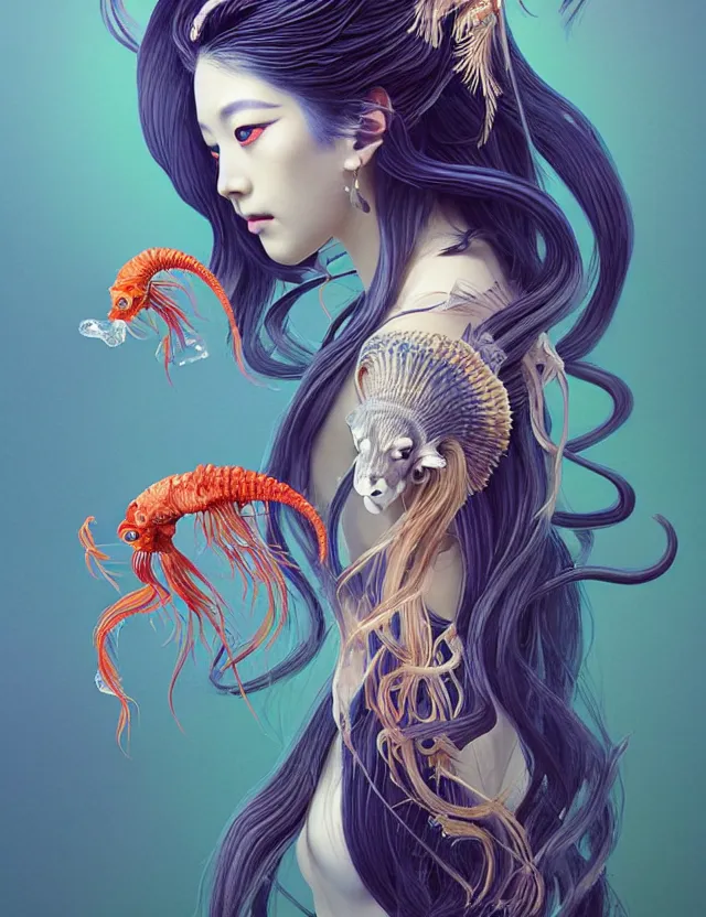 Image similar to 3 d slvic goddess half - turn portrait with long hair with ram skull. beautiful intricately detailed japanese crow kitsune mask and clasical japanese kimono. betta fish, jellyfish phoenix, bio luminescent, plasma, ice, water, wind, creature, artwork by tooth wu and wlop and beeple and greg rutkowski