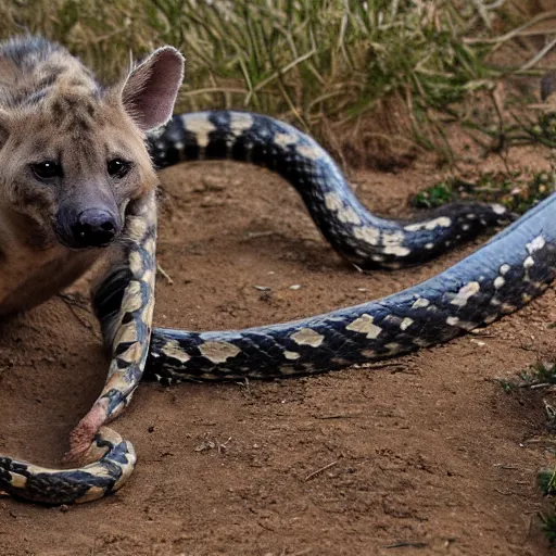 Prompt: award - winning nature photography of a snake preparing to attack a hyena