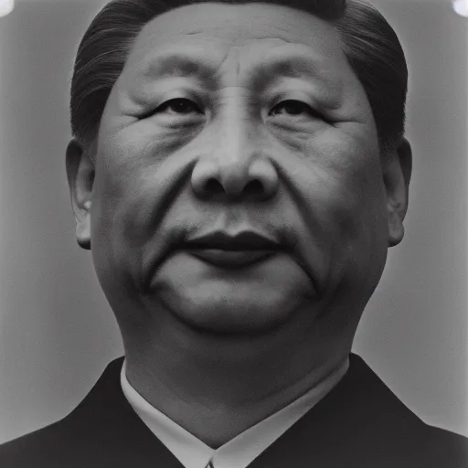 Image similar to photo of Xi Jinping by Diane Arbus, extreme closeup, black and white, high contrast, Rolleiflex, 55mm f/4 lens