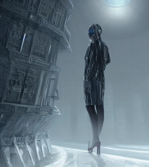 Prompt: tarkovsky greatest scene,, cold world, the ancient destroyed majestic tower of babylon, woman in futuristic cyber clothing, transparent puffer jacket, hyper realistic, blockchain, cyber world, ambient lighting, concept art, intricate, hyper detailed, smooth, dynamic volumetric lighting, octane, ray trace, cinematic, high quality, high resolution, 4 k, cgsociety