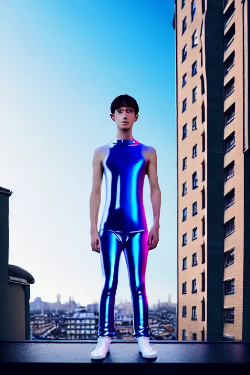 Image similar to un ultra high definition studio quality photographic art portrait of a young man standing on the rooftop of a british apartment building wearing soft baggy inflatable padded silver iridescent pearlescent clothing. three point light. extremely detailed. golden ratio, ray tracing, volumetric light, shallow depth of field. set dressed.